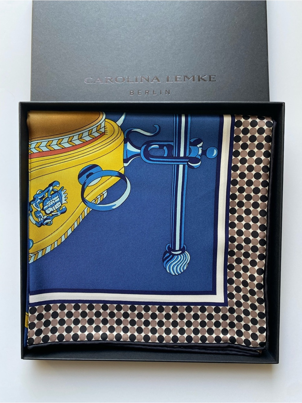 NEW Carolina Lemke Blue Print Silk Equestrian Motif Scarf